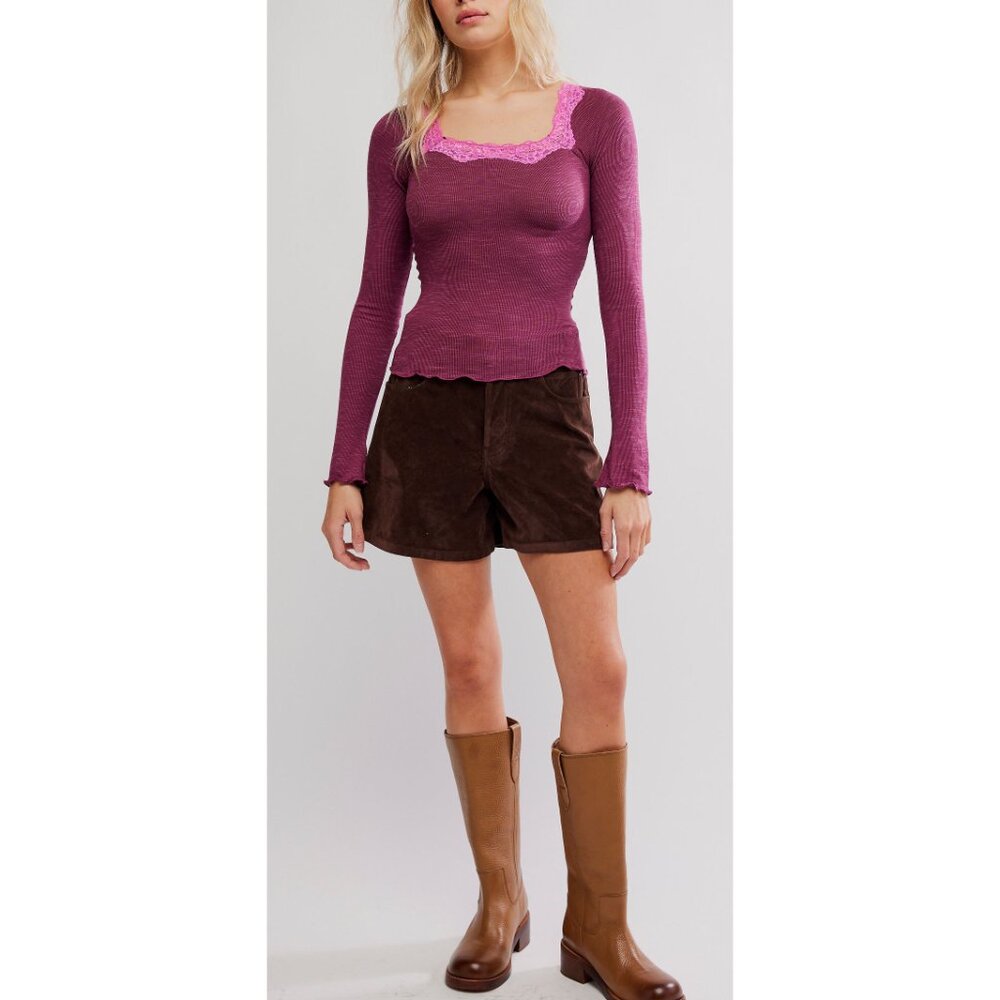 Free People Raspberry Ribbed Long Sleeve Lace-Trim Top - Picture 2 of 6